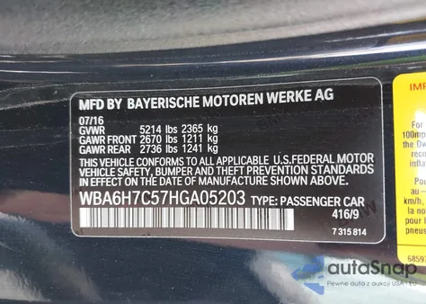 2017 BMW 650I xDrive z USA, uszkodzony, nr VIN WBA6H7C57HGA05203
